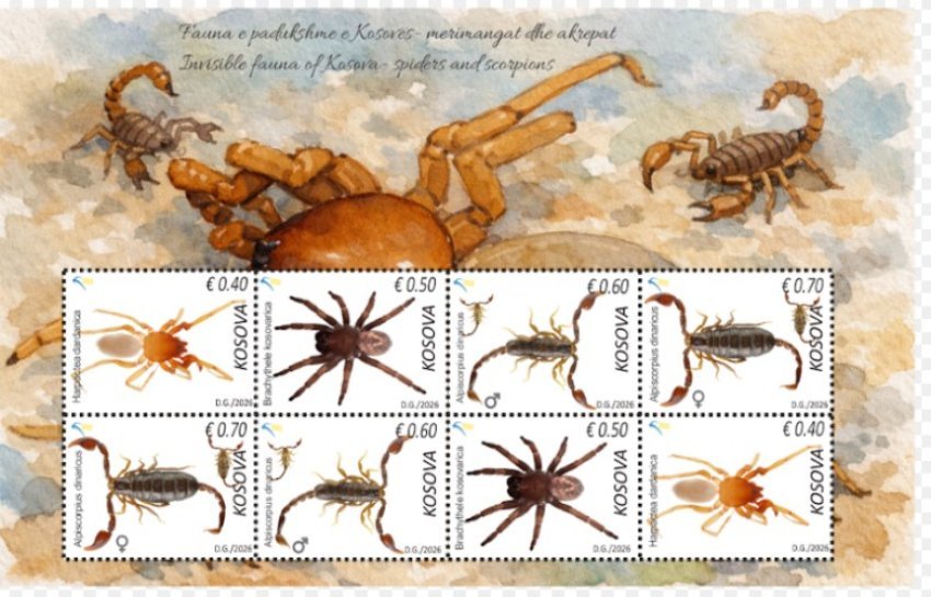 Fauna e padukshme në Kosovë, merimangat dhe akrepat në pulla postare u lansua nga Posta e Kosovës në bashkëpunim me Fakultetin e Shkencave Matematike-Natyrore.