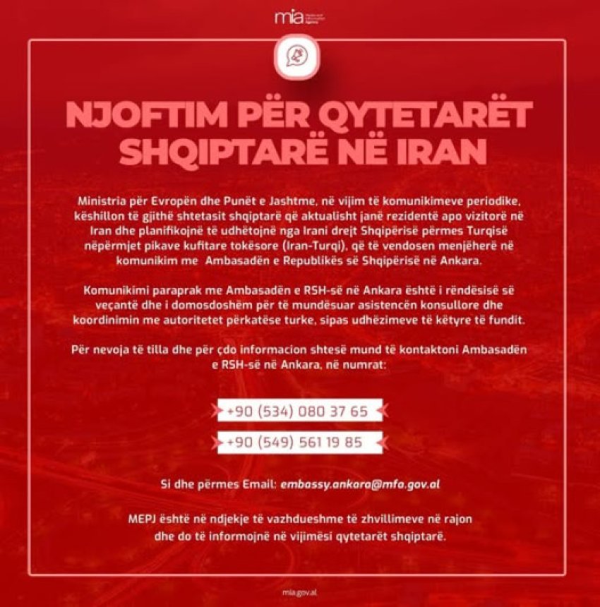 MEPJ apelon shqiptarët në Iran të kontaktojnë Ambasadën në Ankara para kthimit në Shqipëri