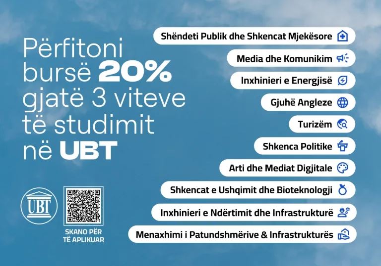 UBT ofron bursë 20% për studentët e shkëlqyeshëm në 10 programet më të kërkuara