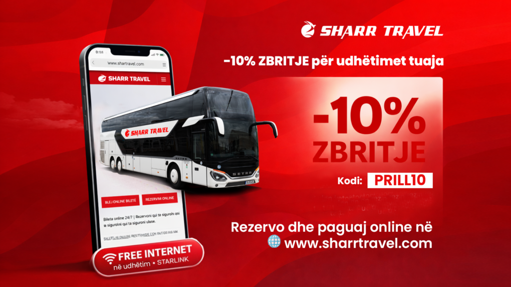 Sharr Travel ofron -10% zbritje për rezervimet dhe pagesat online me kodin promocional PRILL10 nga 1 deri më 14 prill.